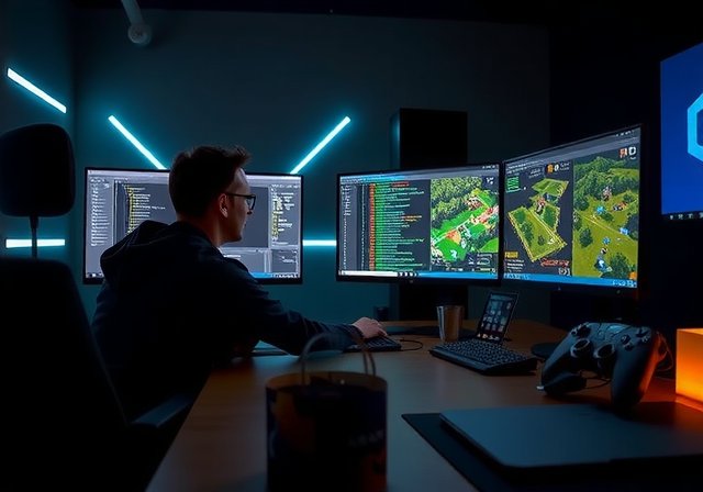 Programmer working on code for innovative PC games at Playtavo